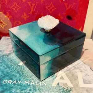 Teal Glass Jewelry Box with Crystal Knob